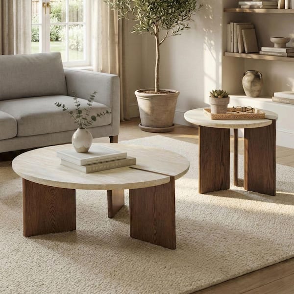 Roan 39 in. Modern Brown Oak Round Travertine Stone Top Coffee Table Set with End Table
