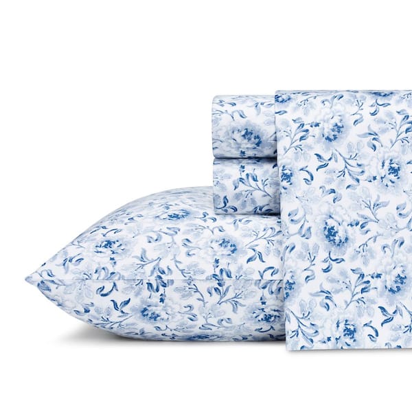 Laura Ashley Lorelei 4-Piece Blue Floral 300-Thread Count Sateen King Sheet Set