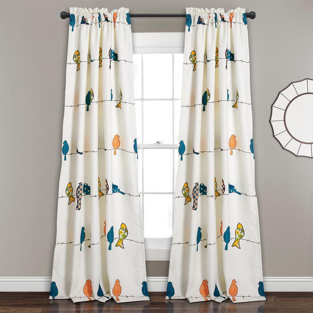 Multi-Colored Polyester Bird Print Room Darkening Curtain Panels