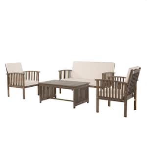 4-Piece Acacia Wood Outdoor Patio Sofa Sectional Chat Set with Solid Wood Coffee Table and White Cushions