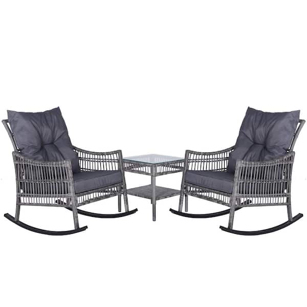 Veikous Dark Grey Wicker Outdoor Rocking Chair Set With Cushions 2 Chairs And 1 Table Pg0206 01gy - Outdoor Furniture Rocking Chair Set