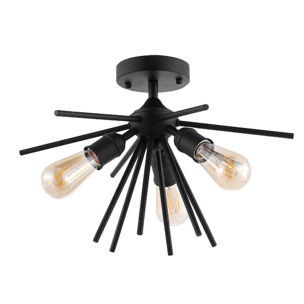 WINGBO 10.6 in. 3-Light Painted Semi- Flush Mount with No Bulbs Included Matte black
