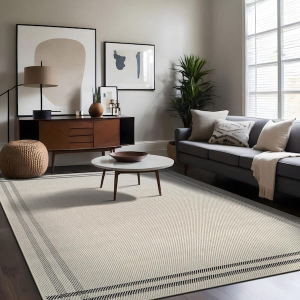 Haven 8 ft. x 10 ft. Bone Border Striped Washable Easy Jute Modern Indoor Outdoor Area Rug