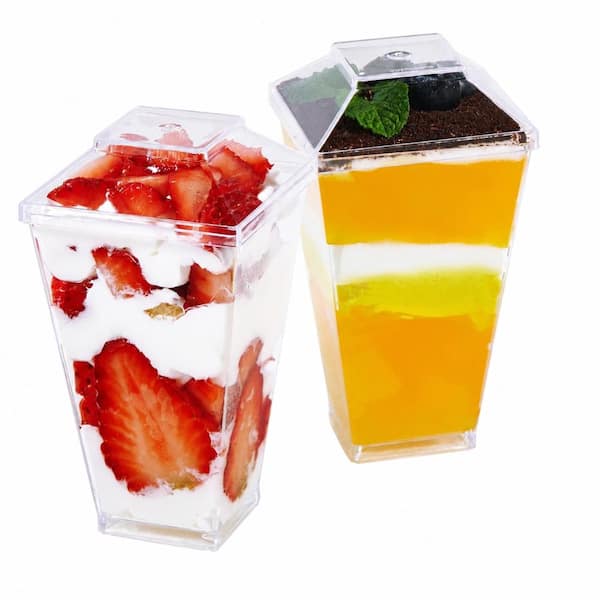 3 fl. oz. Clear Square Plastic Mini Dessert Cups with Lids and Spoons Set of 300 Dessert Sets