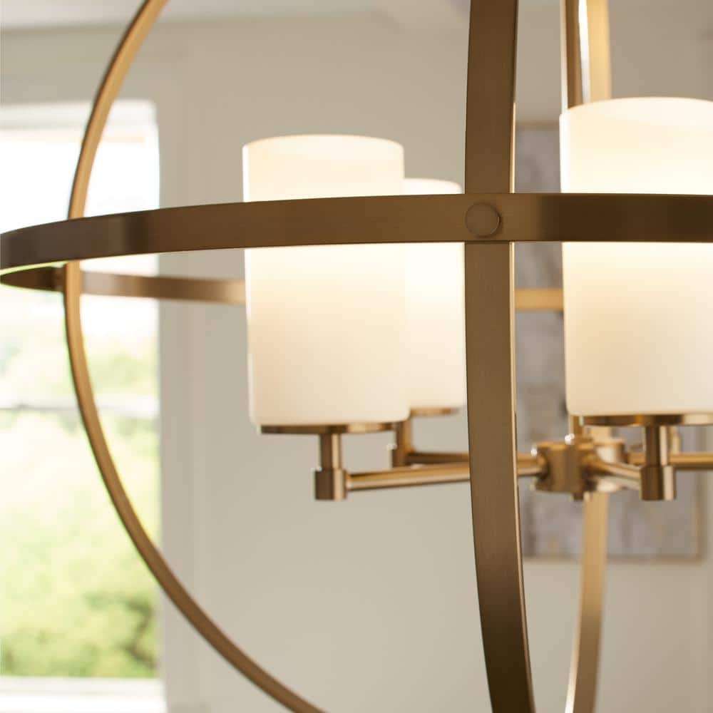 Elegant Satin Brass 5-Light Chandelier with White Glass Shades