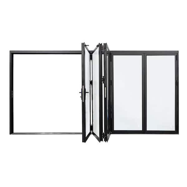 144 in. x 80 in. Black Left handle/Outswing Aluminum Folding Patio Door with Double-Pane Tempered Glass and Lock Set