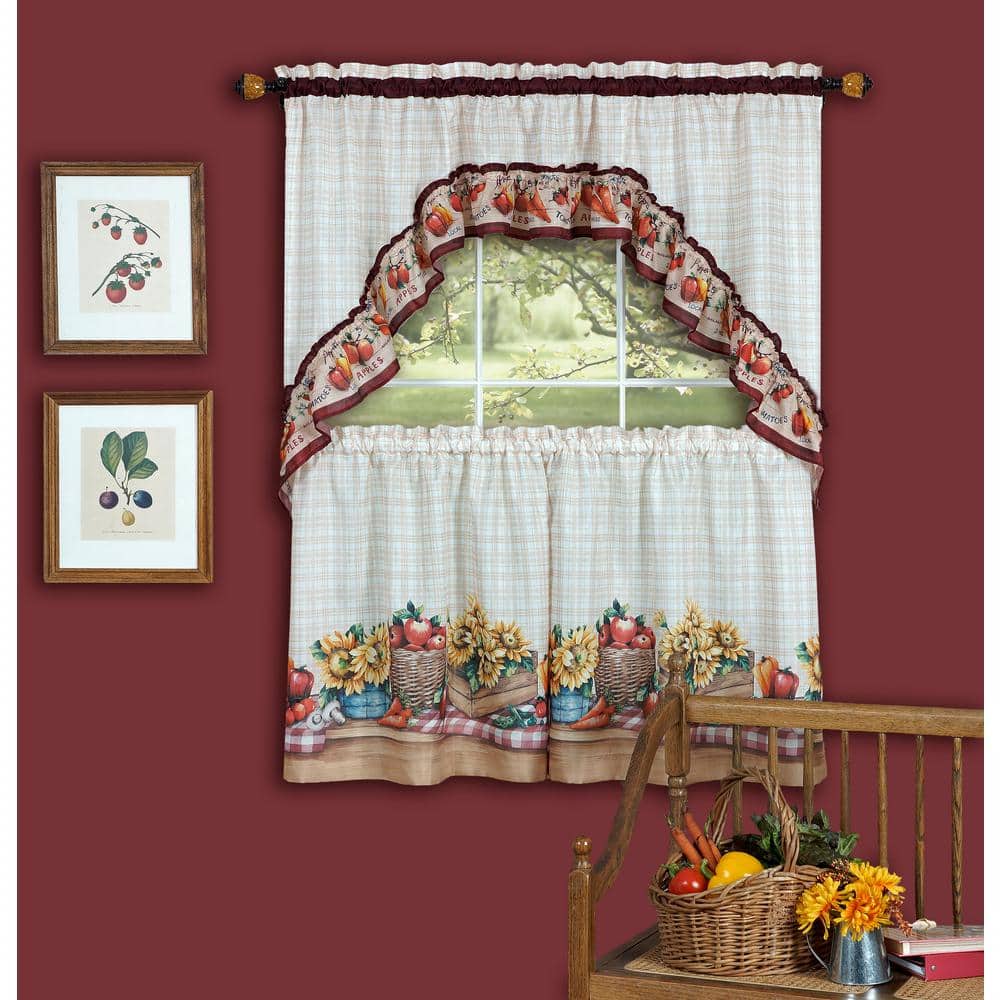 Tier/Swag Fruit Basket Embroidery 3 Pc Wine & White Sheer Window Curtain Set