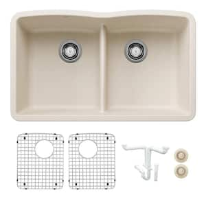 Diamond 32 in. Undermount Double Bowl Soft White Granite Composite Kitchen Sink Kit with Accessories