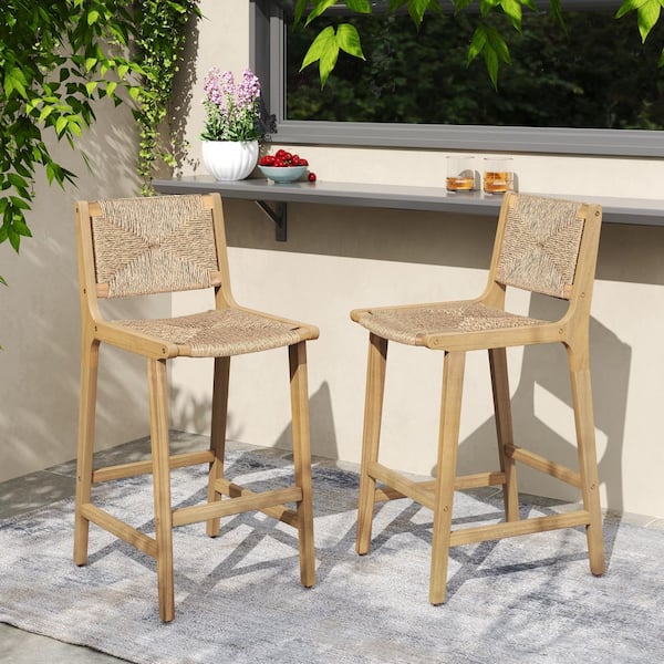 Andre 28 in. PE Wicker and Solid Wood Patio Outdoor Bar Stool, Light Teak, Set of 2