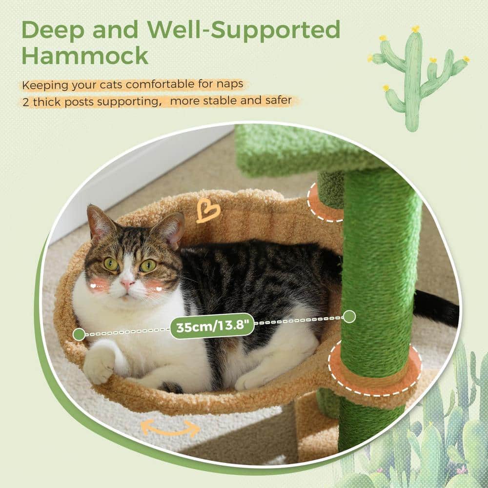 41-Inch Green and Beige Sisal Cactus Cat Tower with Cozy Condo