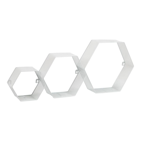 4 in. W x 14 in. D White, Metal Hexagon Floating Shelves, Decorative Wall Shelf, Honeycomb Accent Shelf, Metal, Set of 3