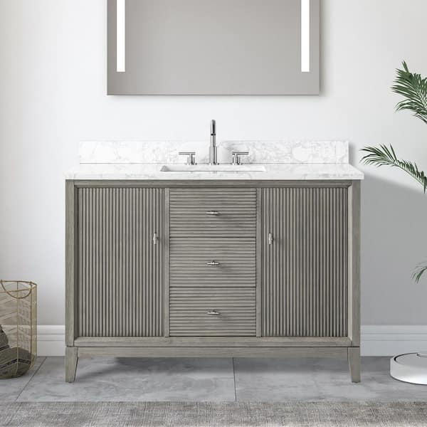 48 in. W Single Sink Freestanding Driftwood Gray Bath Vanity Cabinet with Arabescato White Engineered Marble Top