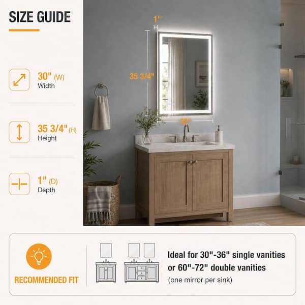 30 in. W x 36 in. H Rectangular Frameless LED Wall Bathroom Vanity Mirror