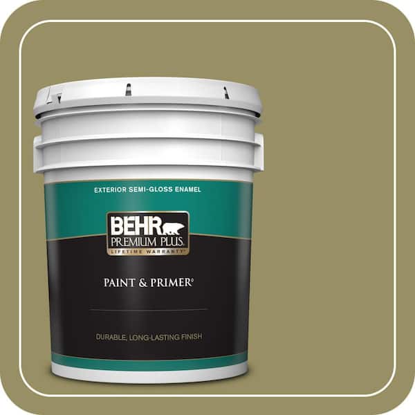 BEHR PREMIUM PLUS 5 gal. #390F-6 Tate Olive Semi-Gloss Enamel Exterior Paint & Primer