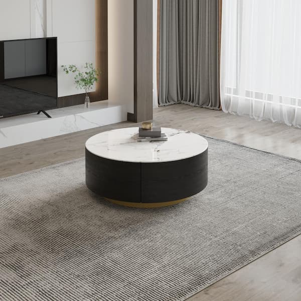 J&E Home 33.47 in. Black Round Marble Top Coffee Table with Drawers