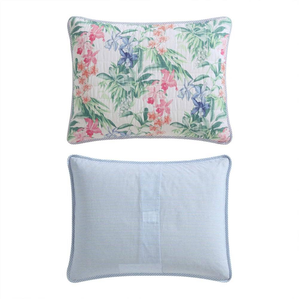 Twin Blue Cotton Reversible Quilt Set with Botanical Pattern