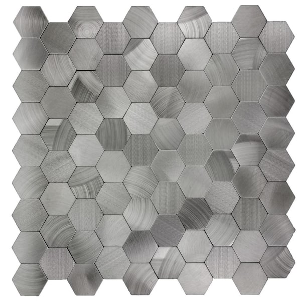 ABOLOS Enchanted Metals Silver Hexagon Mosaic 12 in. x 12 in. Brushed Peel and Stick Wall Tile  (0.9 sq. ft.)