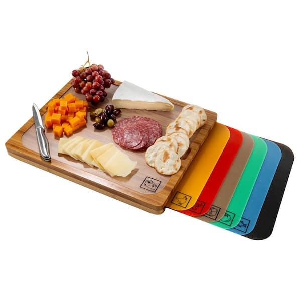 Seville Classics 1-Piece Bamboo Cutting Board with 7-Color-Coded Food Icon Flexible Cutting Mat Set