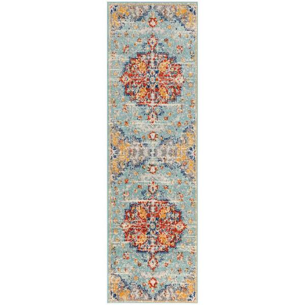 Nourison Passion Aqua Multicolor 2 ft. x 6 ft. Center medallion Traditional Runner Area Rug