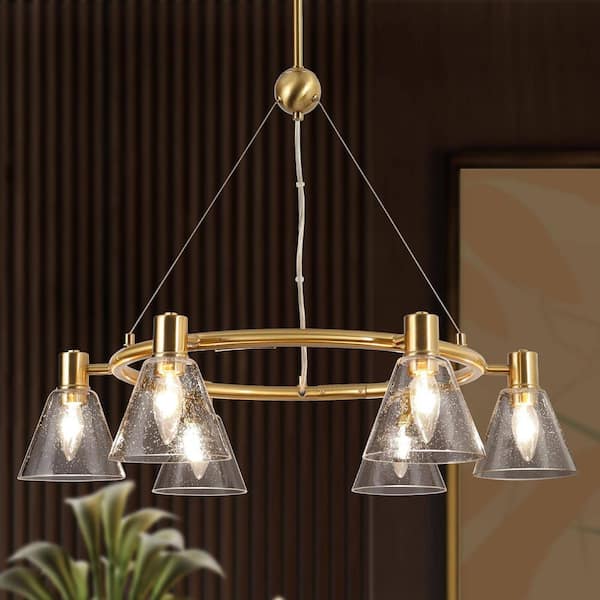 Mid-century Modern 6-light top Gold Wagon Wheel Candle Chandelier