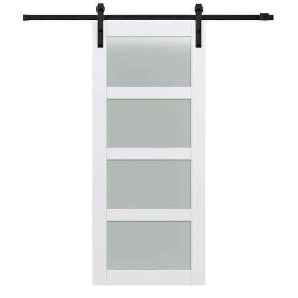 MMI DOOR 36 in. x 84 in. 4-Lite Frosted Glass Primed MDF Sliding Barn Door with Hardware Kit