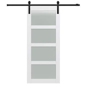 42 in. x 84 in. Shaker 4-Lite Frosted Glass Primed MDF Sliding Barn Door with Bent Strap Hardware Kit
