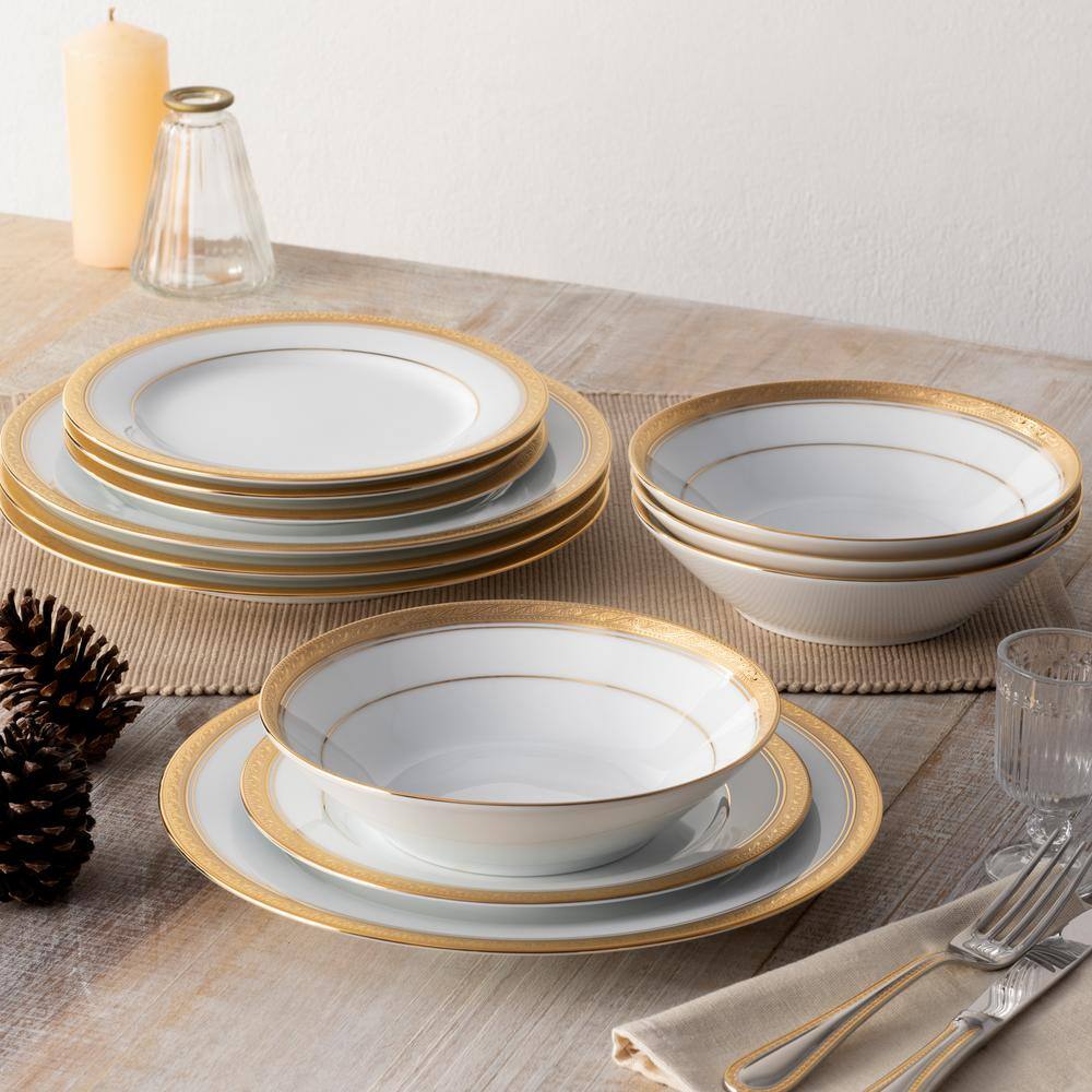 Crestwood Gold 12-Piece Porcelain Dinnerware Set with Gold Trim