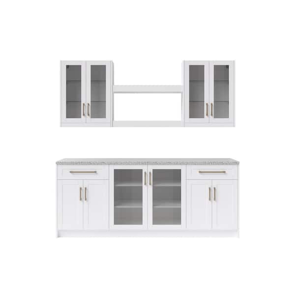 NewAge Products 8-Piece White Home Bar Cabinet Set with Contemporary Brushed Nickel Handles