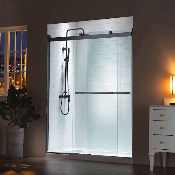 WOODBRIDGE 48 in. W x 76 in. H Double Sliding Frameless Shower Door in Matte Black Finish with Clear Glass