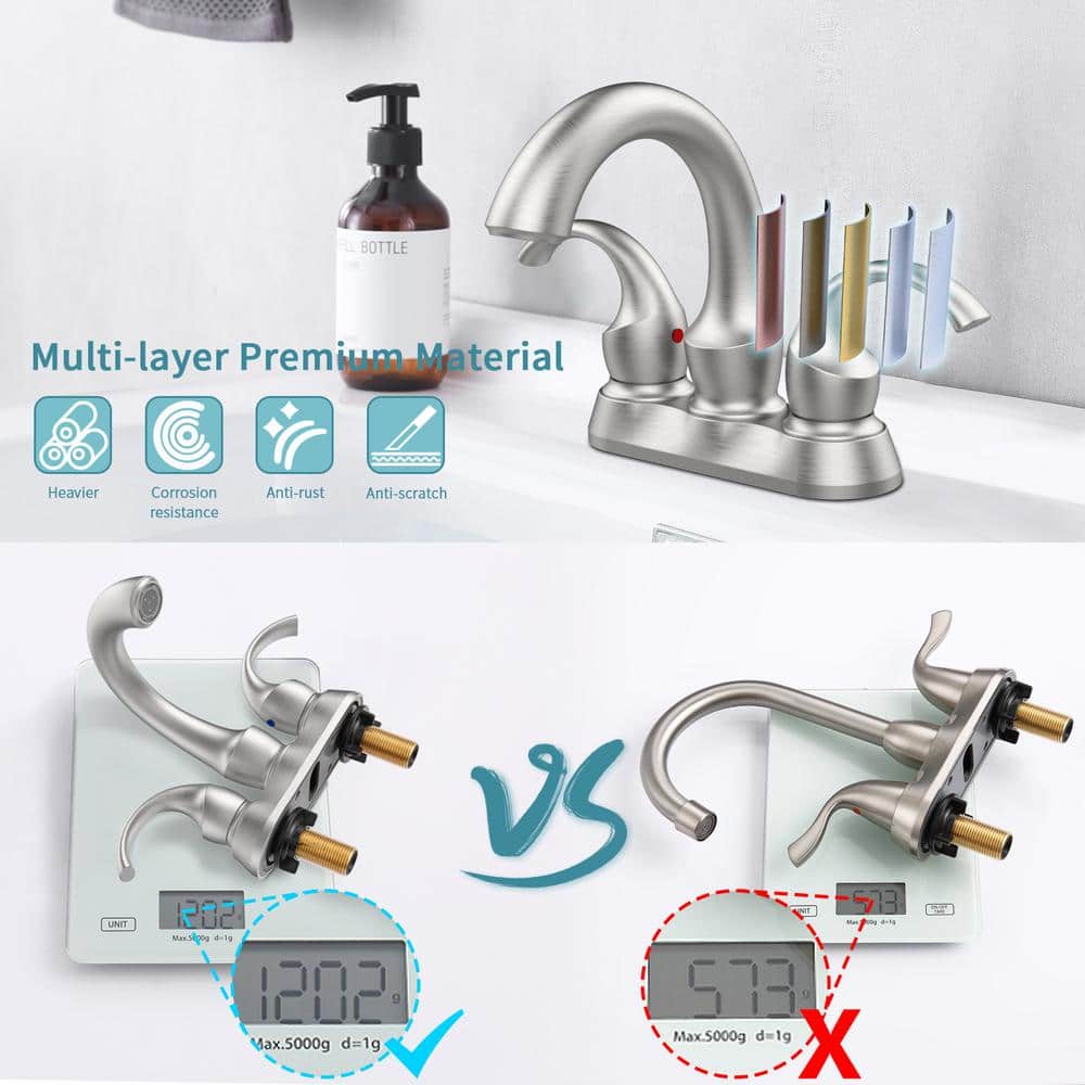 Brushed Nickel 4-Inch Centerset Double Handle Bathroom Faucet with Pop-Up Drain