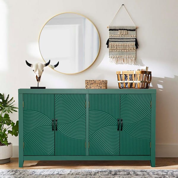 Green 59 in. Mid Century Modern Accent Cabinet-Vintage 4-Door Wood Buffet Cabinet for Pantry,Living Room and Dining Room