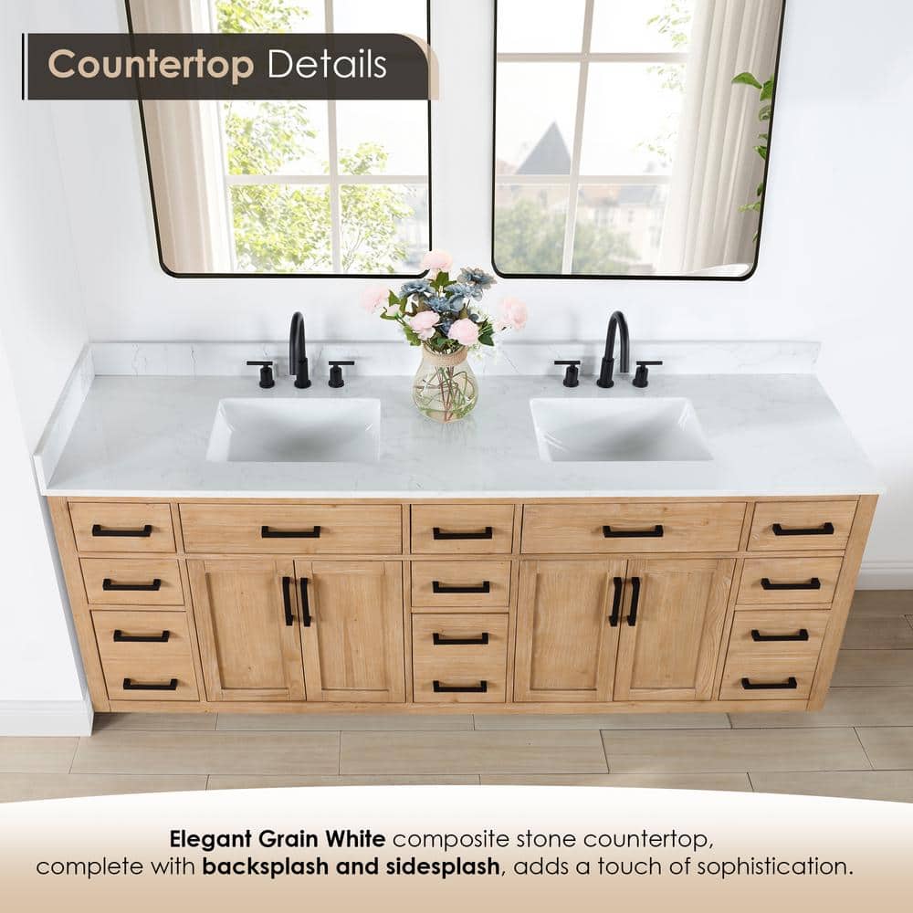 Gavino 84" Light Brown Wood Vanity with Composite Stone Top