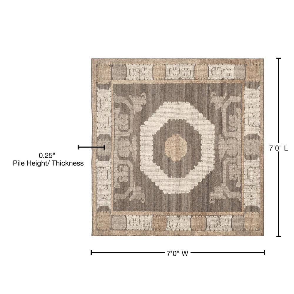 Ivory and Gray Hand-Knotted Wool Square Area Rug