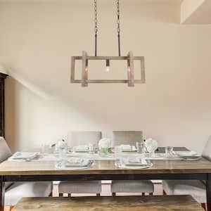 Modern Farmhouse Brown Wood Island Chandelier 3-Light Rustic Bronze Industrial Rectangular Hanging Ceiling Lamp