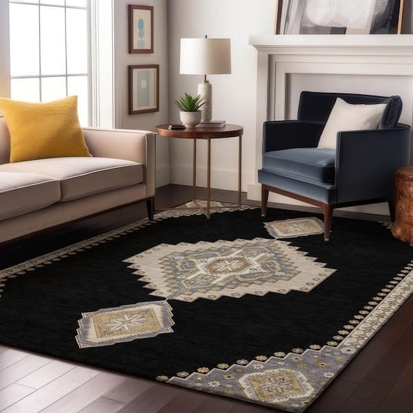 Mayfield Premium Machine Washable Abstract AMF1014 Black 9 ft. x 12 ft. Area Rug