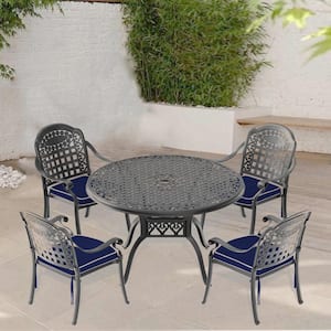 5-Piece Black Cast Aluminum Outdoor Dining Set, Patio Furniture with 47.24 in. Round Table and Random Color Cushions
