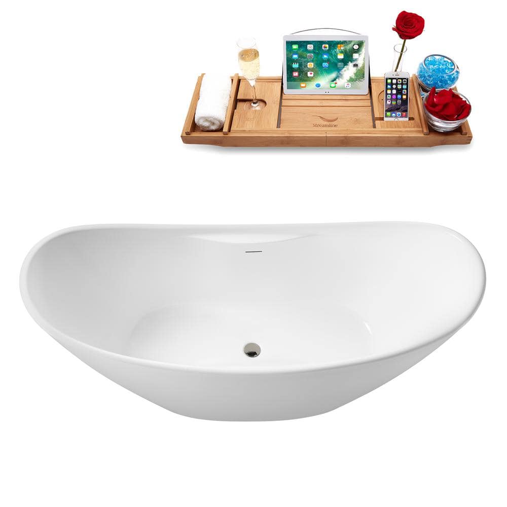 68" Glossy White Acrylic Double Slipper Freestanding Tub with Tray
