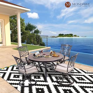 Cuneo 5-Piece Cast Aluminum Outdoor Dining Set with Round Umbrella Table, Swivel Metal Chairs with Beige Cushions