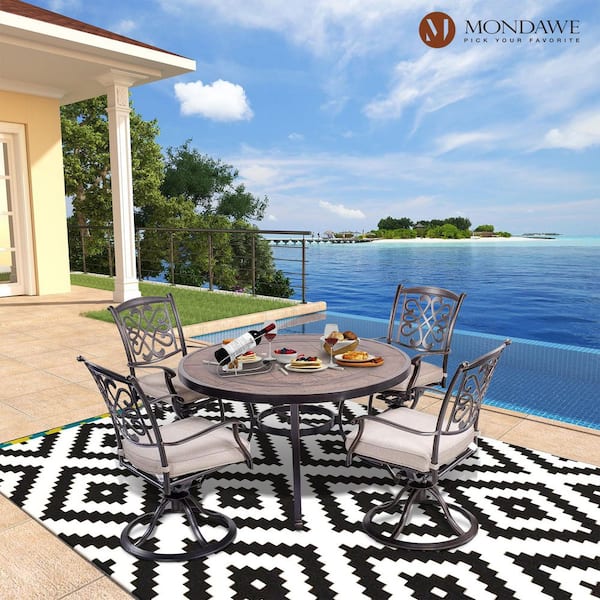 Cuneo 5-Piece Cast Aluminum Outdoor Dining Set with Round Umbrella Table, Swivel Metal Chairs with Beige Cushions