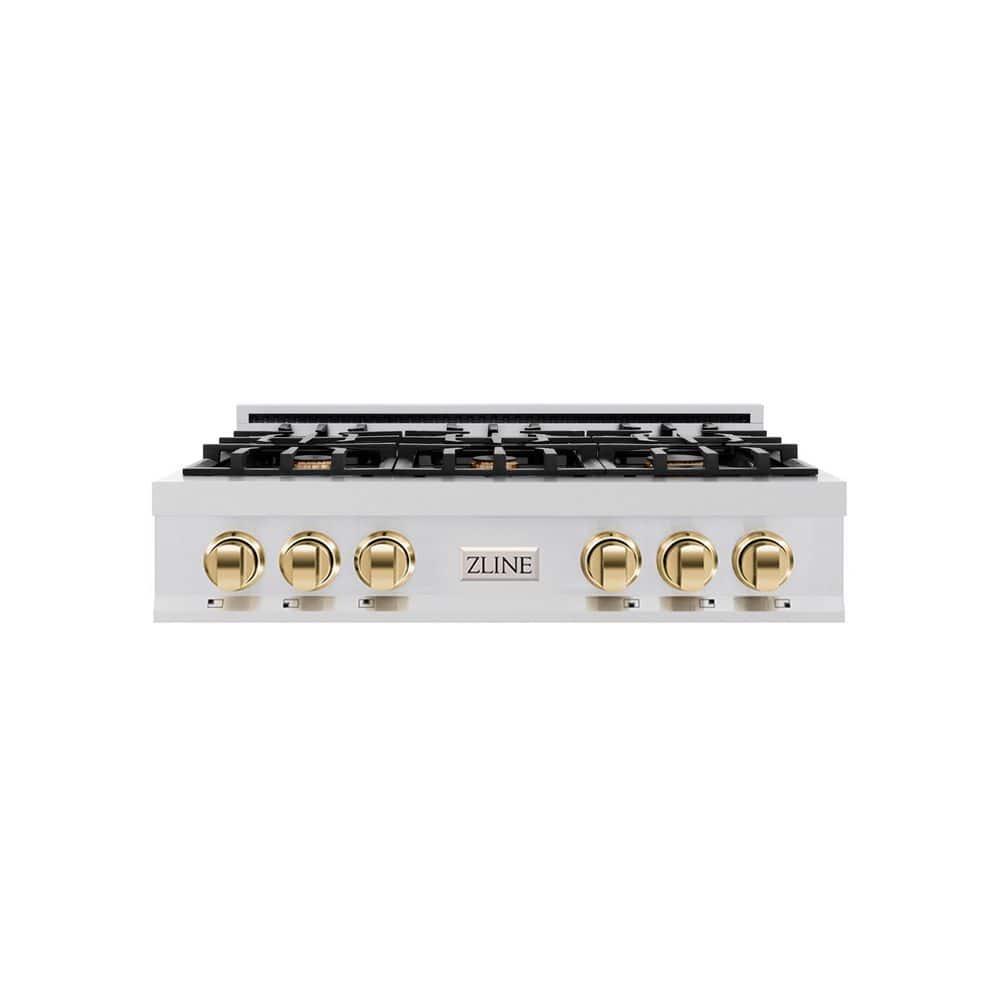 Autograph Edition 36 in. 6 Burner Front Control Gas Cooktop with Polished Gold Knobs in Stainless Steel