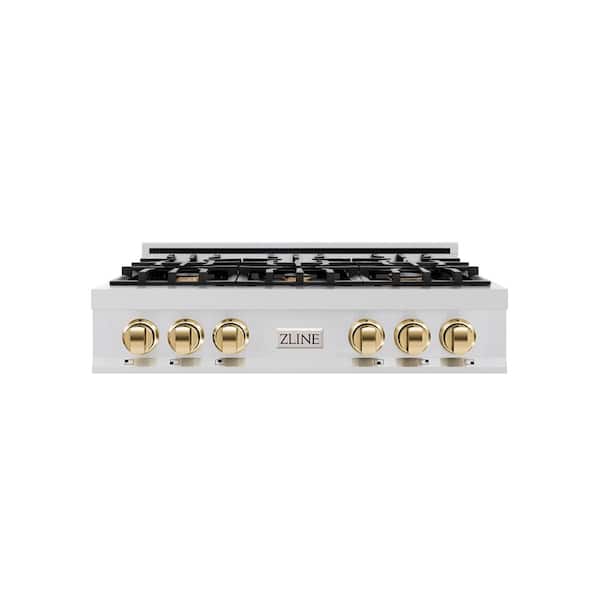 Autograph Edition 36 in. 6 Burner Front Control Gas Cooktop with Polished Gold Knobs in Stainless Steel