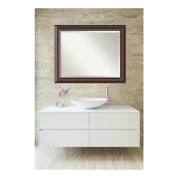 Cyprus Walnut 32.75 in. x 26.75 in. Beveled Rectangle Wood Framed Bathroom Wall Mirror in Brown,Cherry