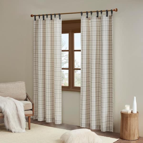 Madison Park Salford Natural Plaid Faux Leather 50 in. W x 84 in. L Tab Top Curtain with Fleece Lining