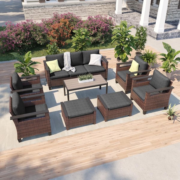 8 Pieces All-Weather PE Brown Wicker Patio Conversation Set with Coffee Table with Black Cushion