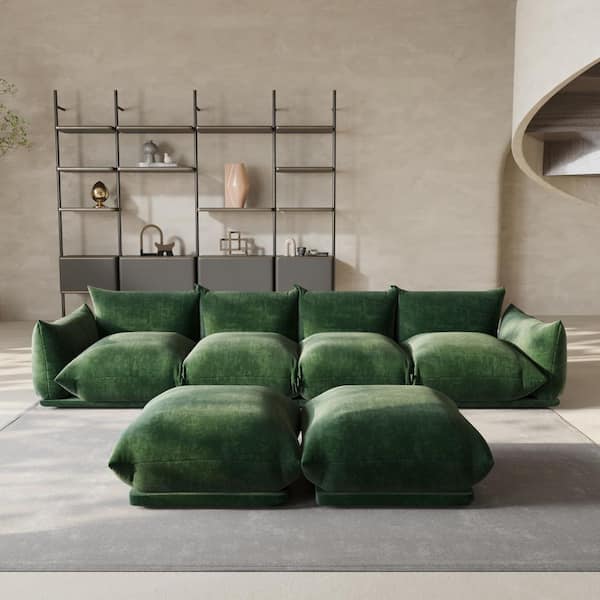 Magic Home Modern 131 in. Flared Arm 6-Piece Chenille 4 Seater U-shaped Modular Convertible Sectional Sofa with Ottomans in Green