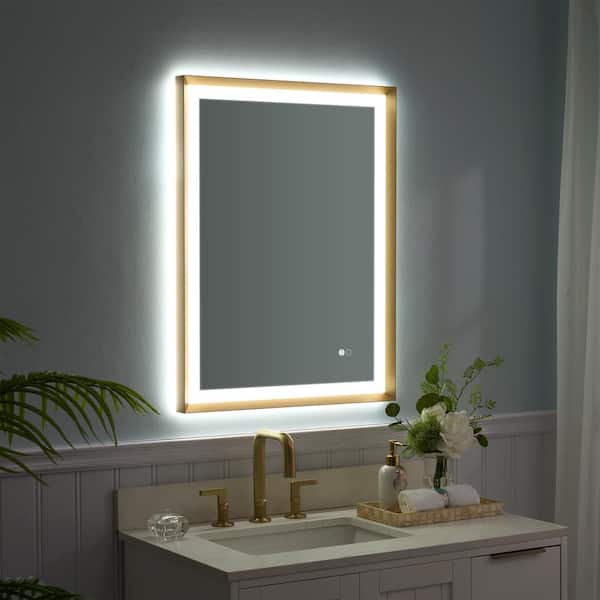 WELLFOR LUKY 24 in. W x 32 in. H Rectangular Single Aluminum Framed Antifog Dimmable Wall Bathroom Vanity Mirror in Brushed Gold