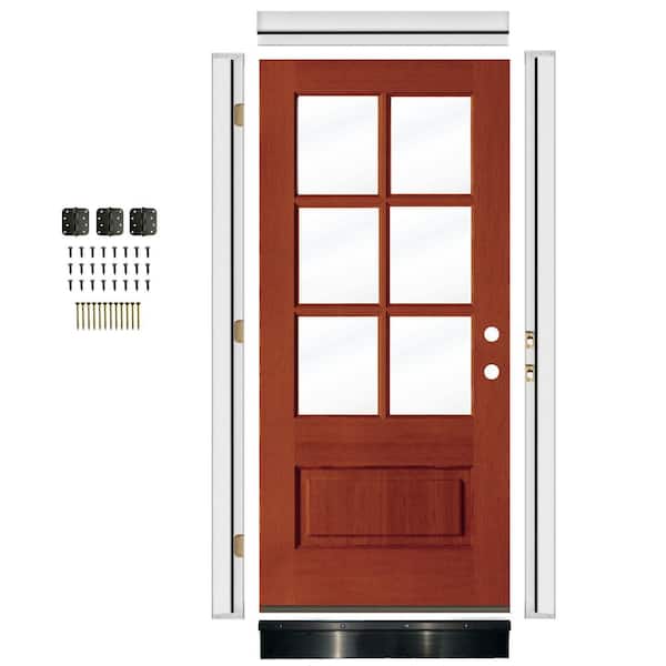 36in. x 80in. Farmhouse Left-Hand 6-Lite Clear Glass Amaretto Stain Mahogany Wood Front Door Kit w/Quick Assemble Jamb