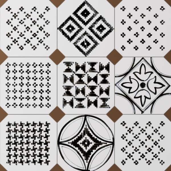 Merola Tile Vaudeville Octagon Deco Sombra with Taco Marron 8 in. x 8 in. Porcelain Floor and Wall Tile (11.25 sq. ft. /Case)