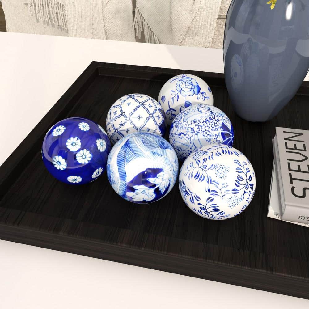 Blue and White Ceramic Floral Pattern Vase Filler Orbs, Set of 6