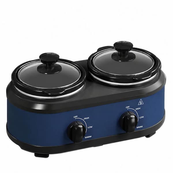 2.5 qt Blue Double Slow Cooker with 2 Removable Pots, Adjustable Temp, Glass Lids, Dishwasher Safe
